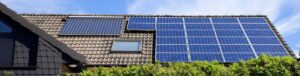 roof of residential home with solar panels and skylight