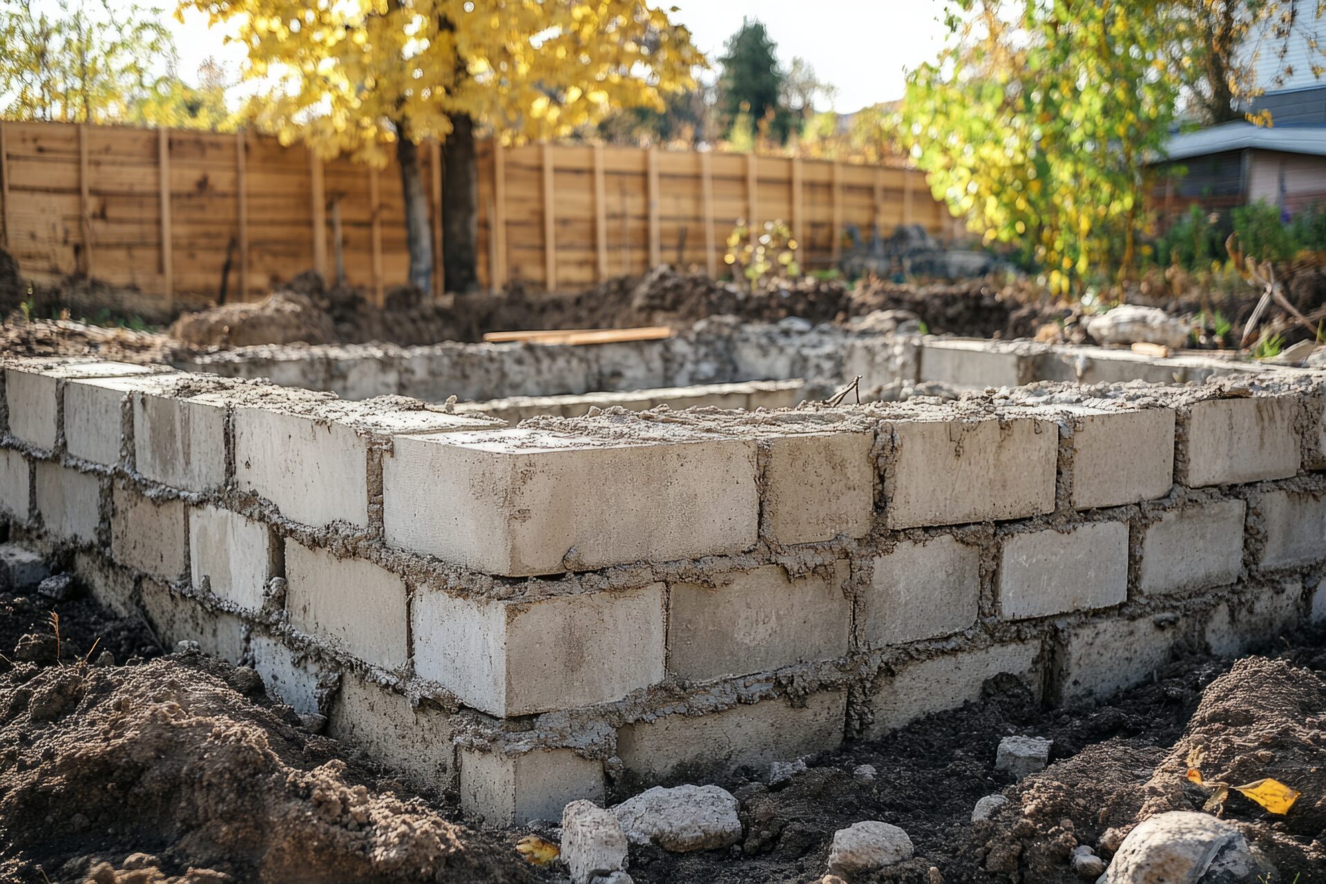 image of a stacked concrete foundation in construction
