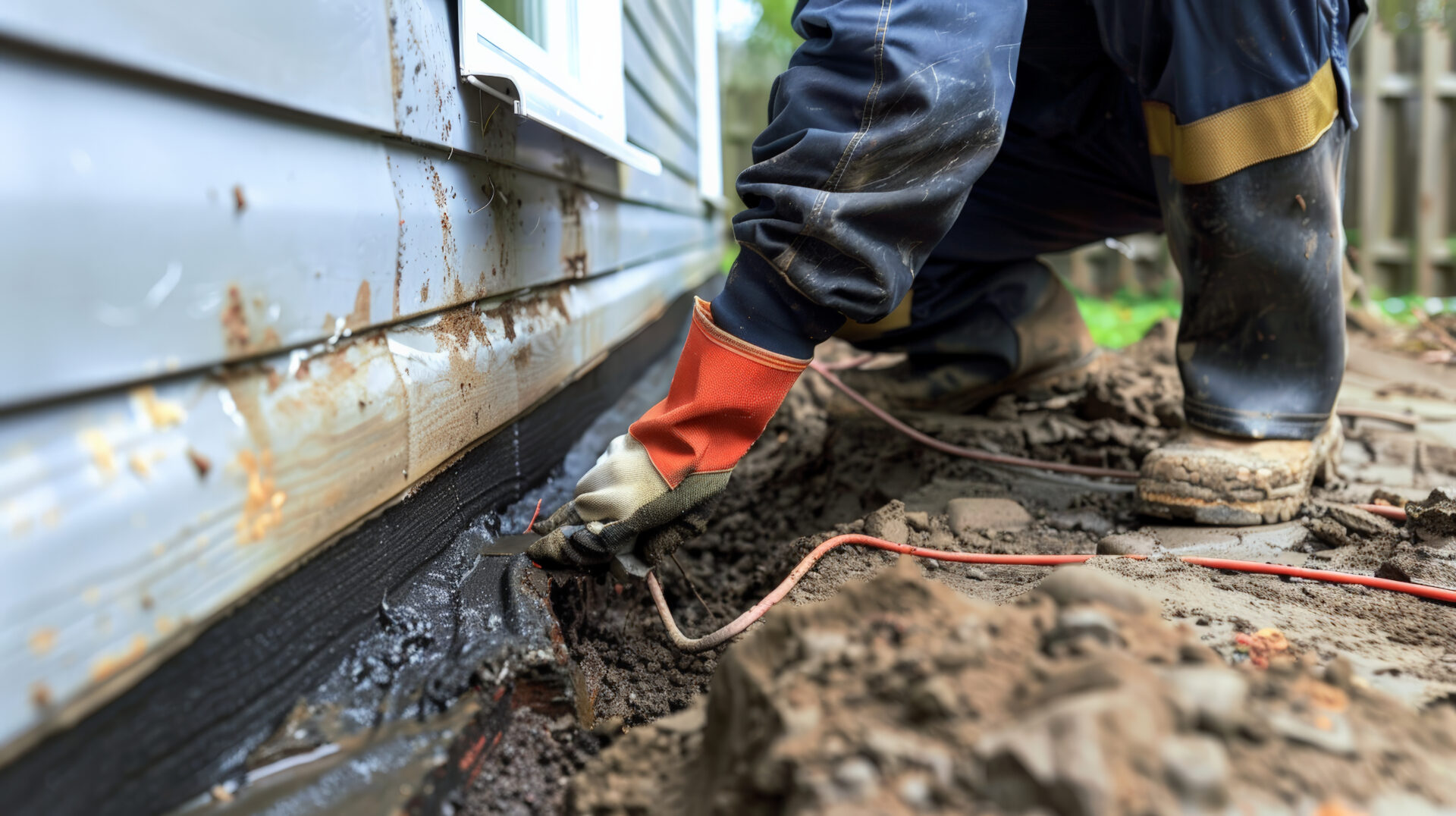 A Worker repairing a sinking foundation with safety gear near house