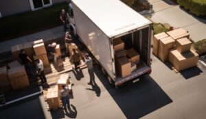 Home furniture movers unloading a moving truck, delivering professional moving services with precision care.