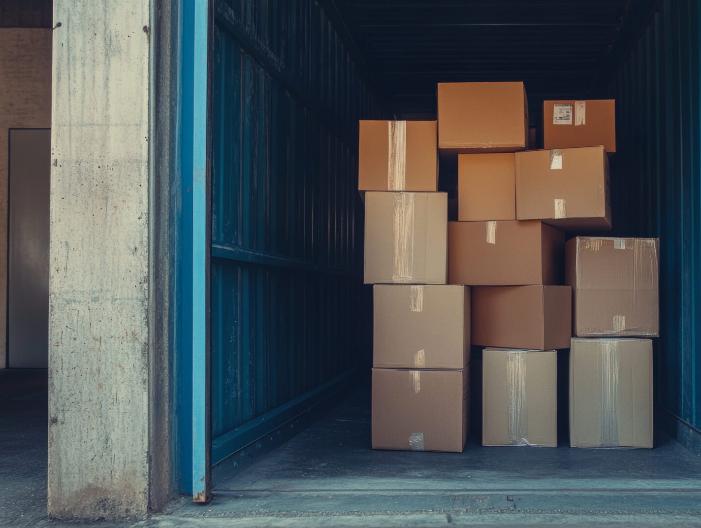 Cardboard moving boxes in a storage container