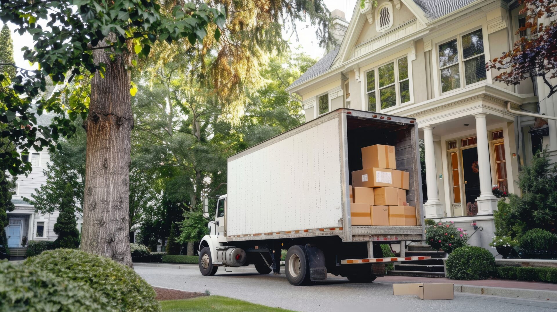 loaded moving truck in front of a house