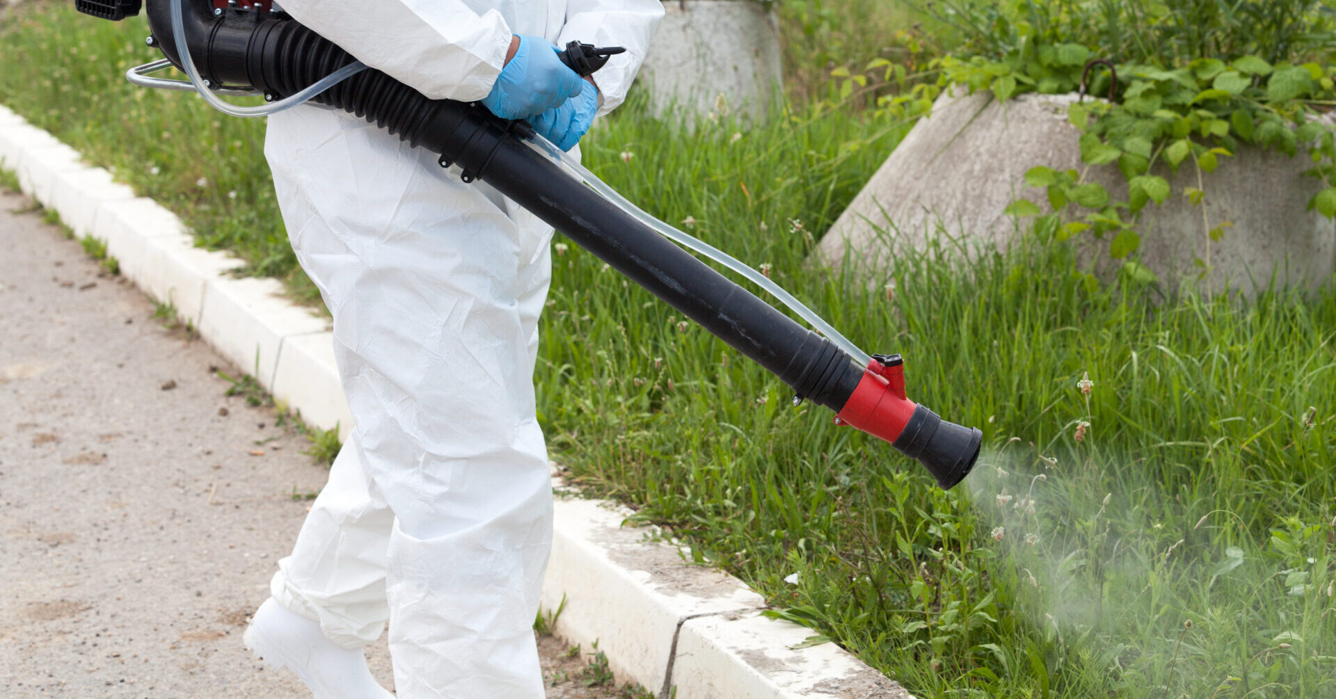 exterminator spraying pesticide in yard
