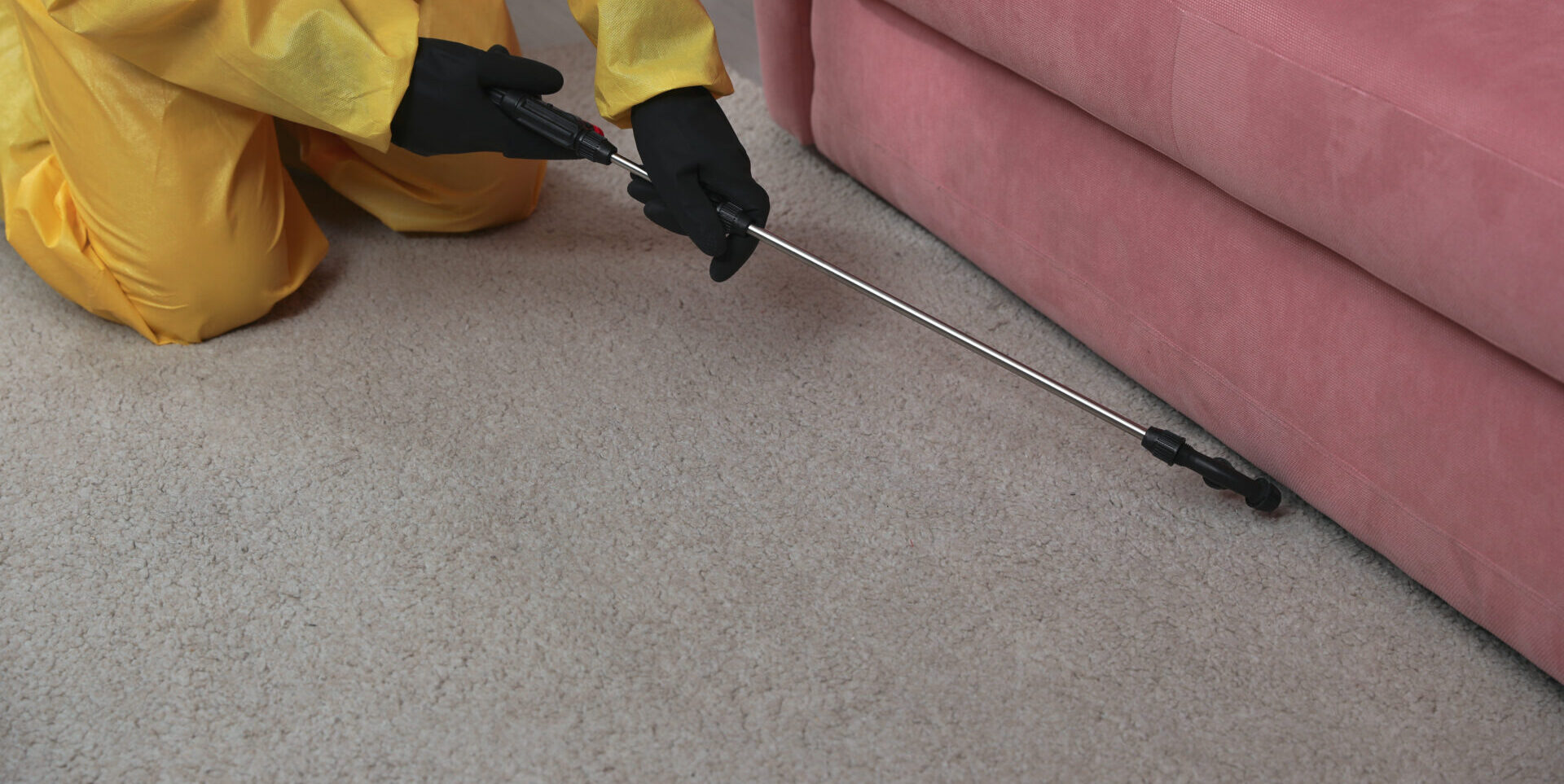 Pest control worker in protective suit spraying insecticide under sofa