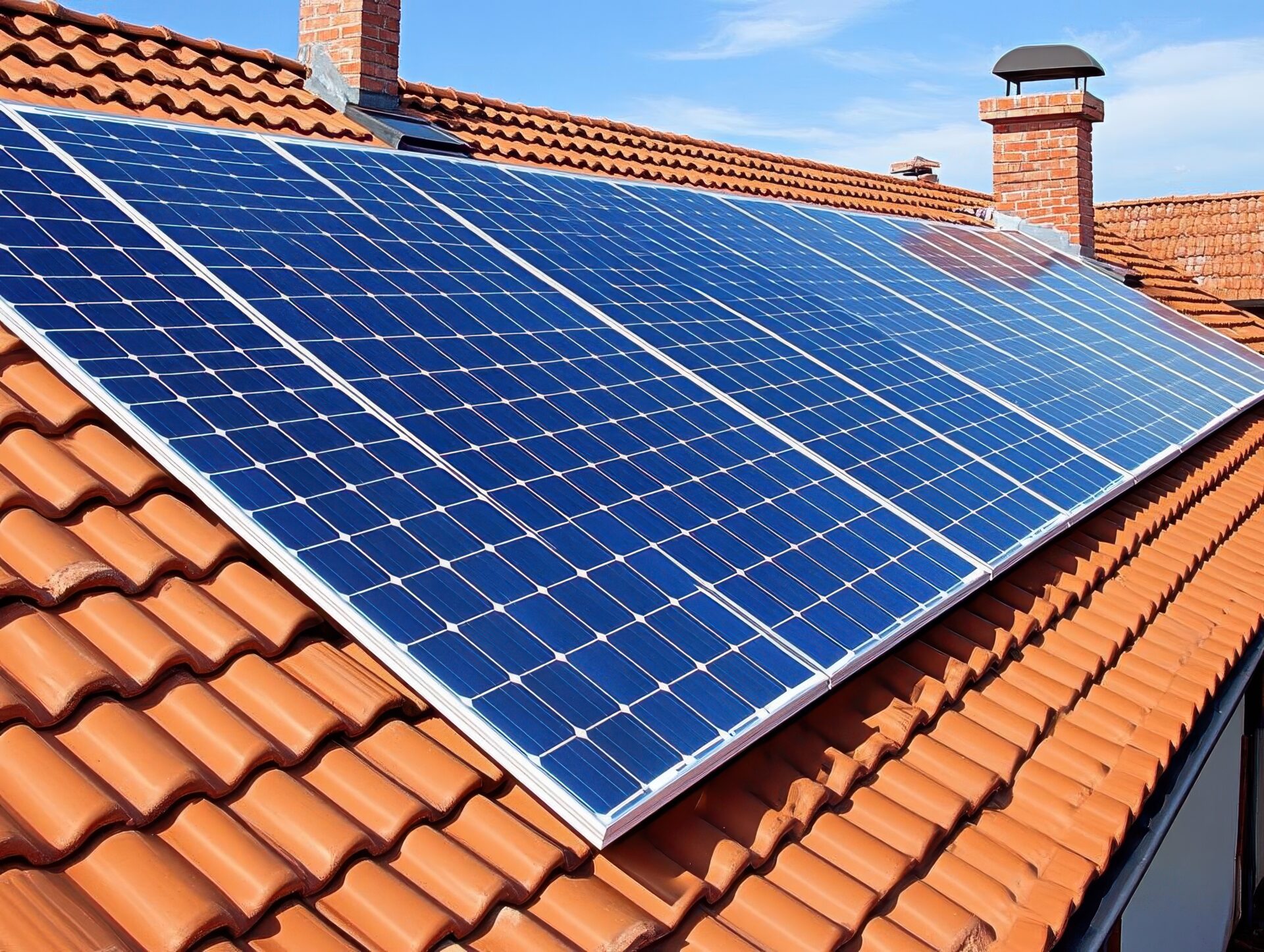 Solar panels on a clay tile roof.
