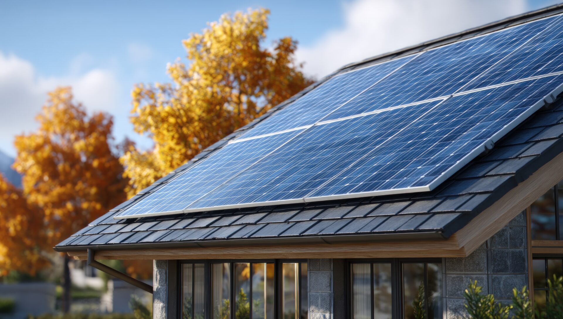 House with solar panels on the roof, autumn leaves in the background, a sunny day