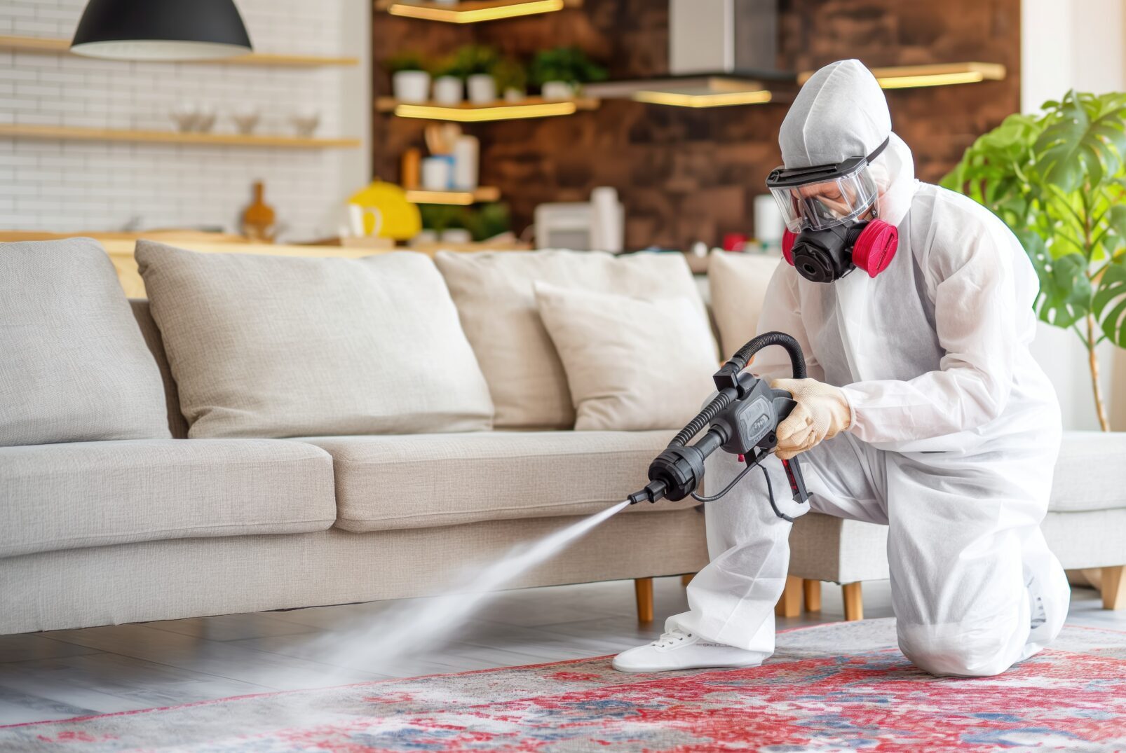 Professional exterminator using specialized equipment to fumigate an infested property