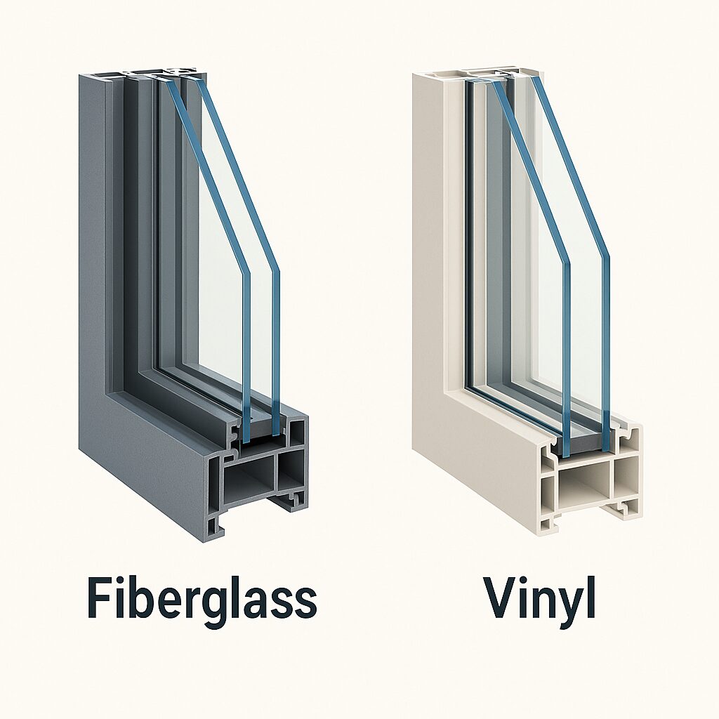 Fiberglass and vinyl window frame cutouts with double-pane glass.