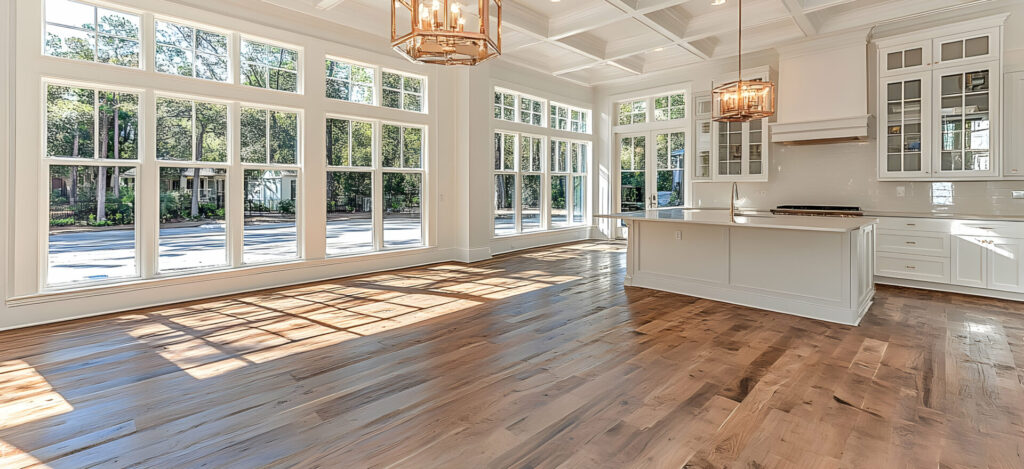Bright, airy kitchen and living area with hardwood floors, large windows, and coffered ceiling.