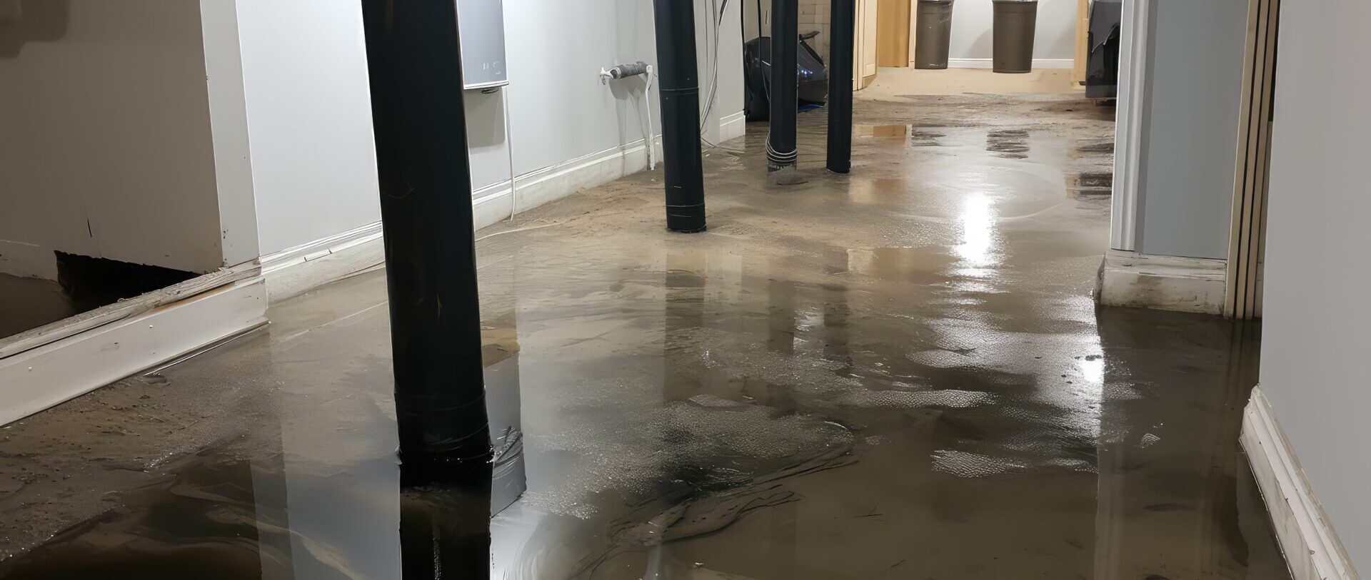 A basement with water pooling on the floor