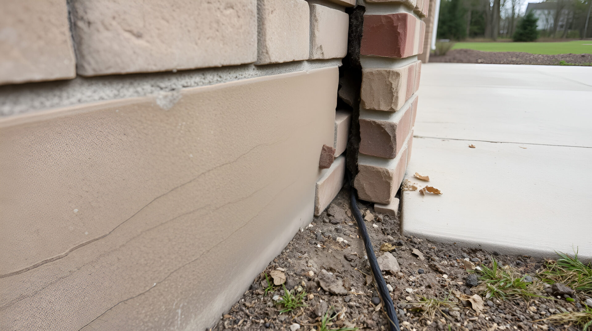 Close up of a large crack in a foundation wall and driveway, indicating structural damage