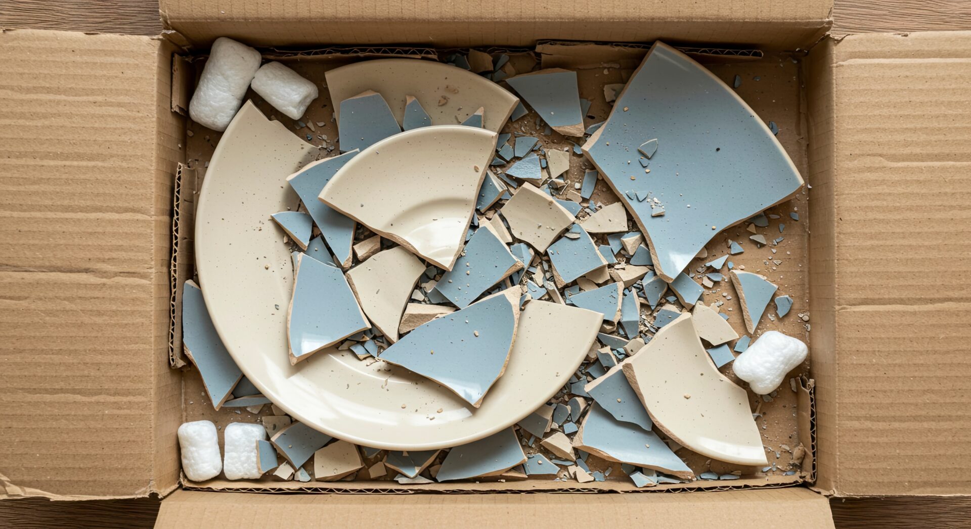 Shattered dish pieces fill a cardboard box