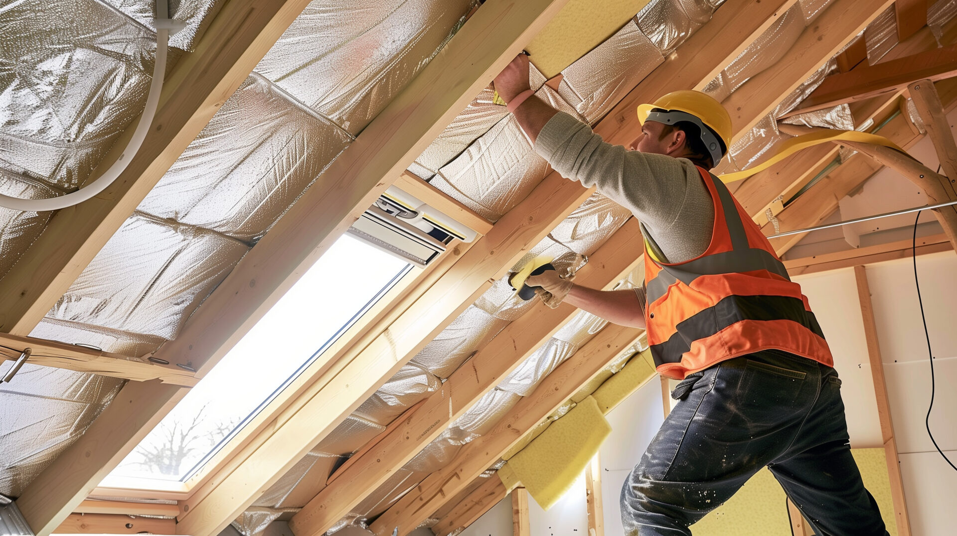 worker installing roofing insulation