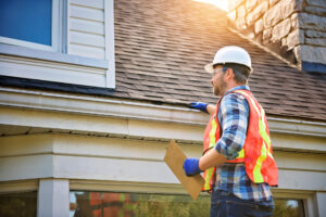 A man with hard hat standing on steps inspecting the roof