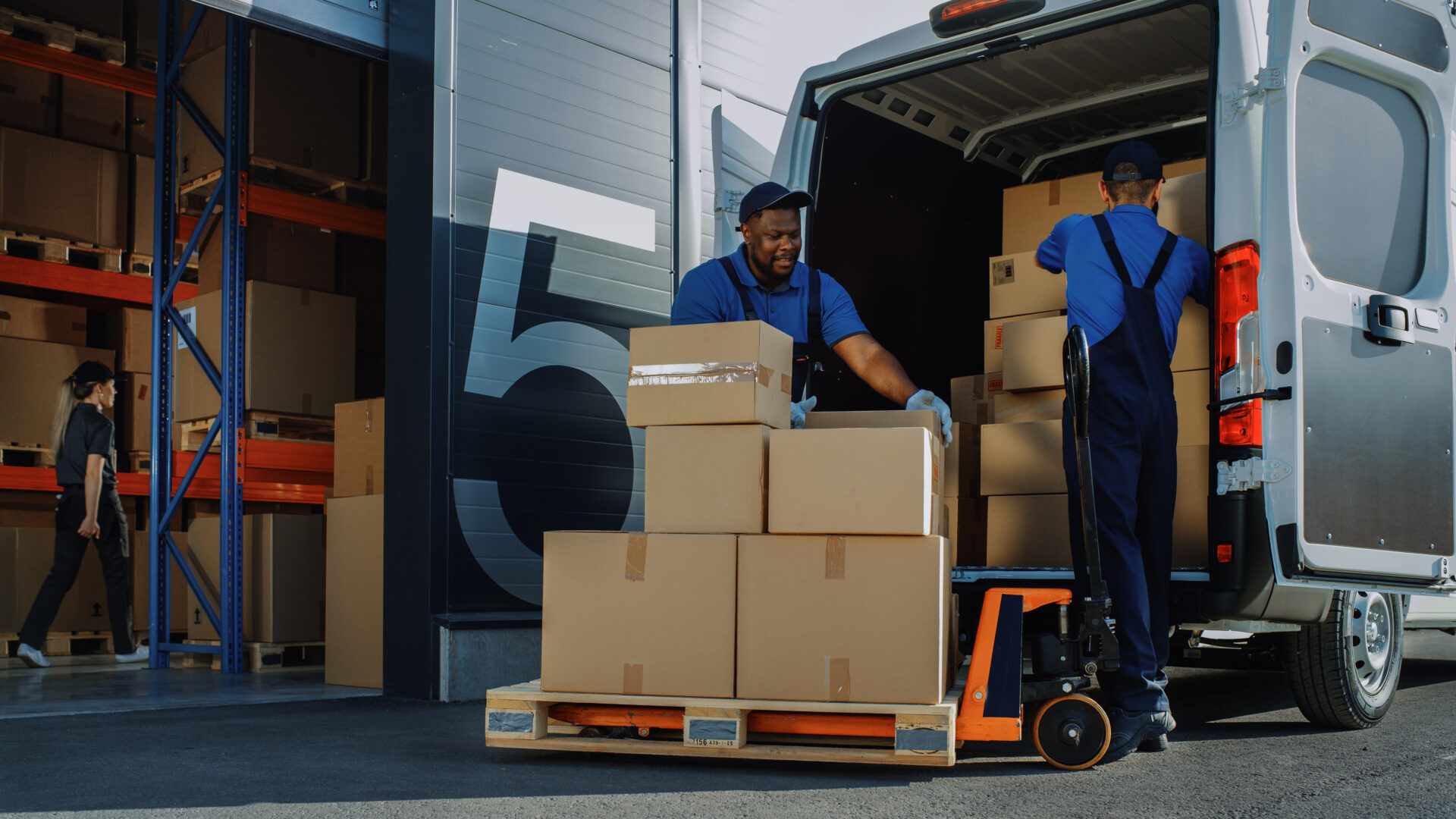 professional movers putting boxes in a van