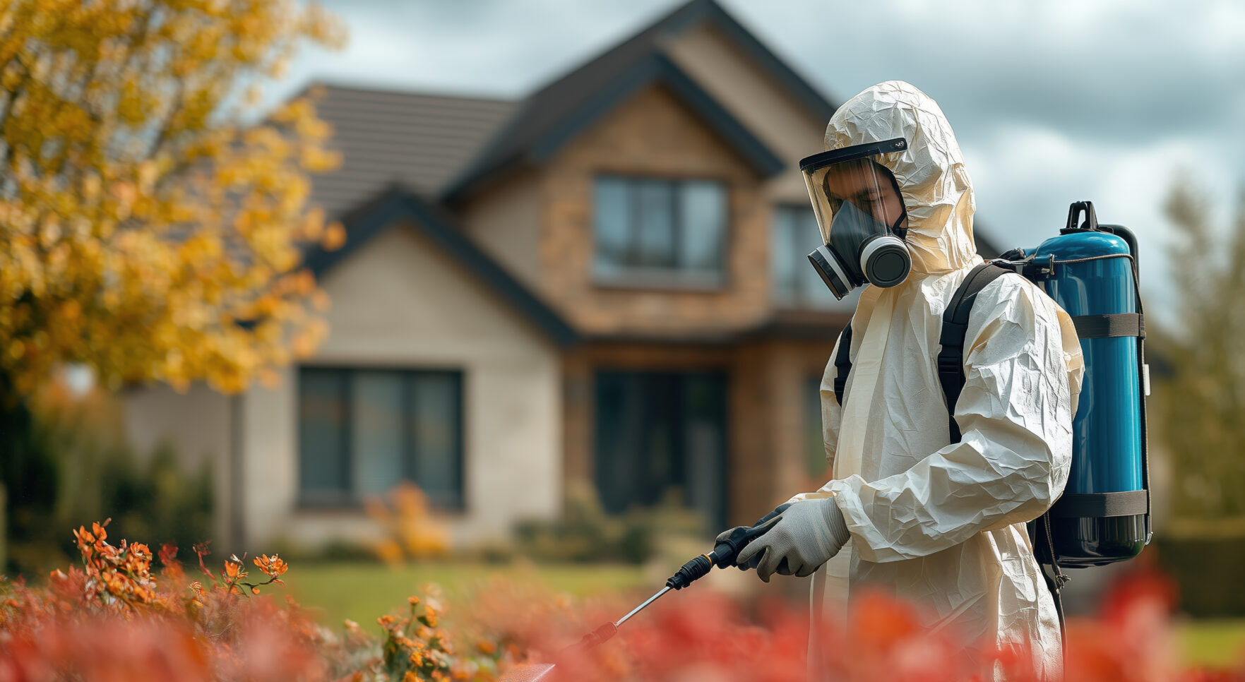 Pest control worker spraying insecticide in garden