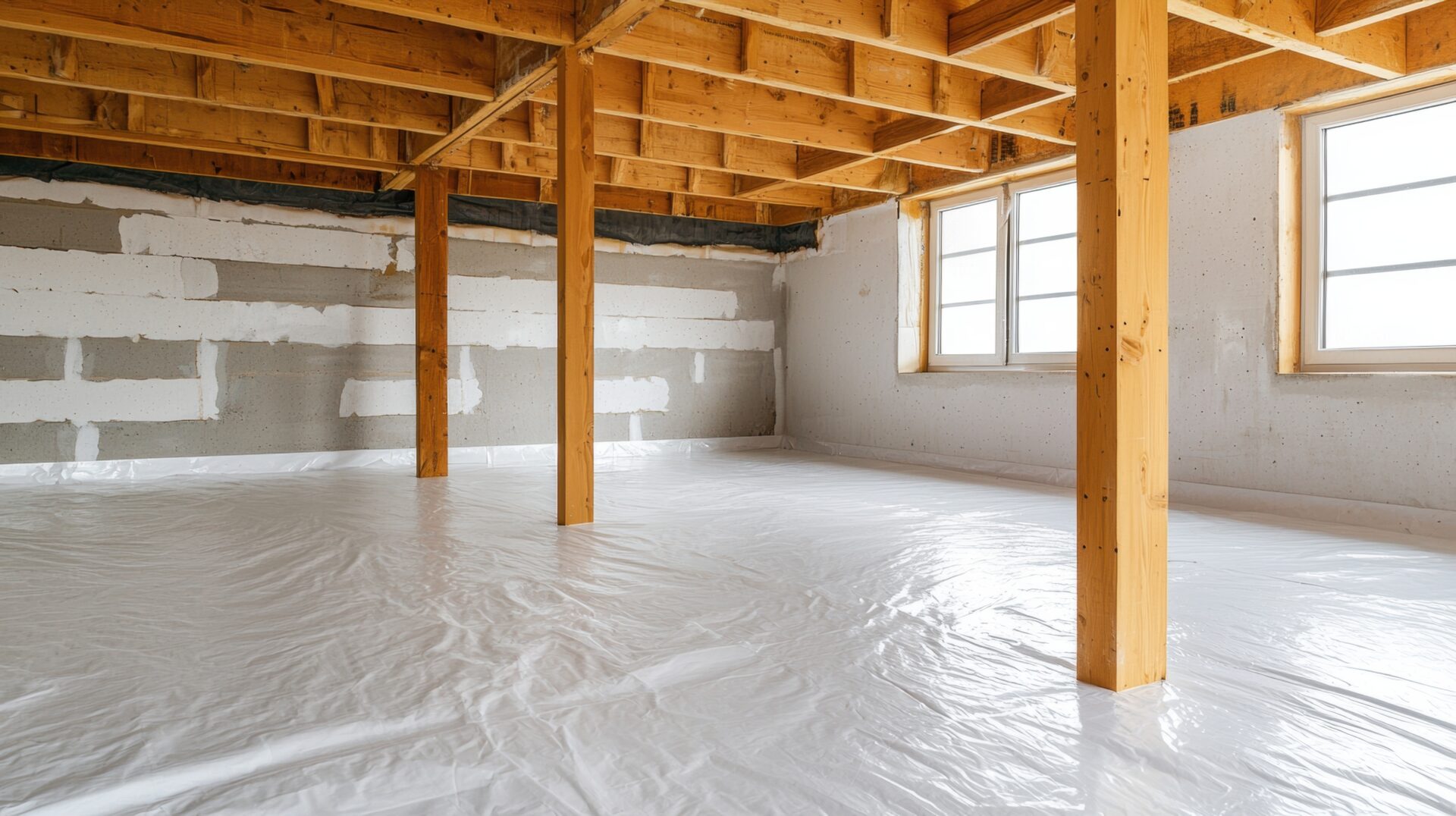 Unfinished basement with plastic vapor barrier on the floor.