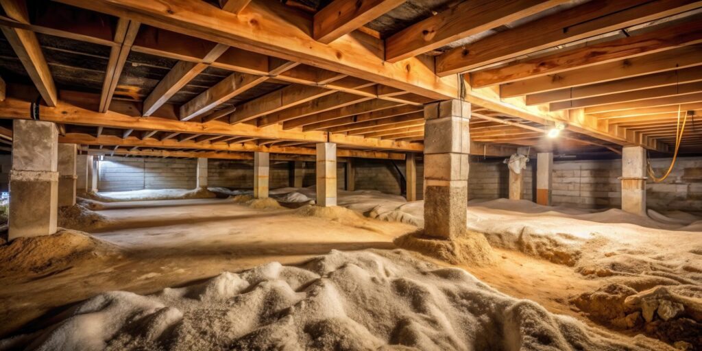 A basement crawlspace with exposed wooden beams and concrete pillars, illuminated by a single light bulb. A basement crawlspace with exposed wooden beams and concrete pillars.