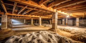 A basement crawlspace with exposed wooden beams and concrete pillars.