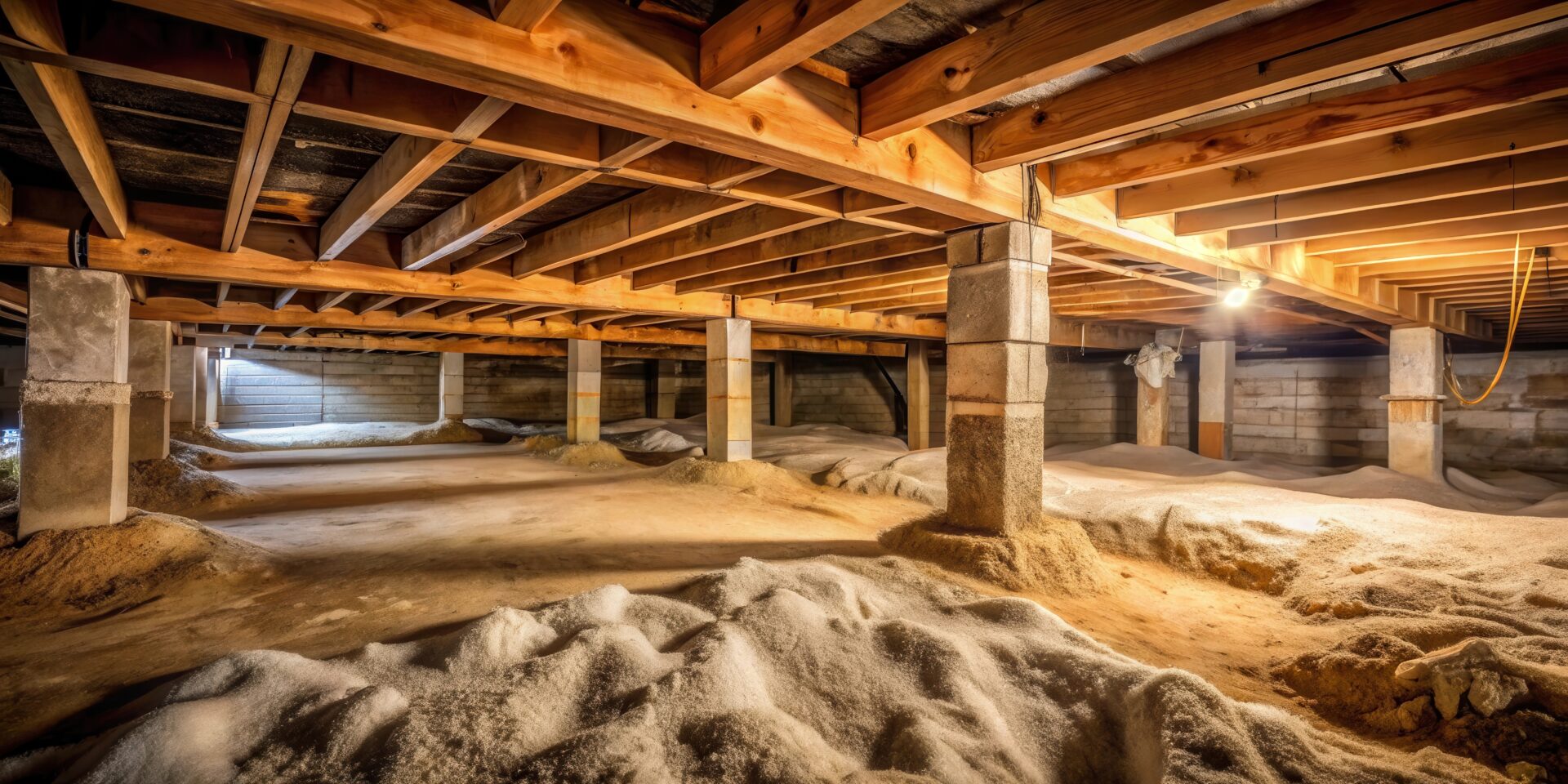 A basement crawlspace with exposed wooden beams and concrete pillars.