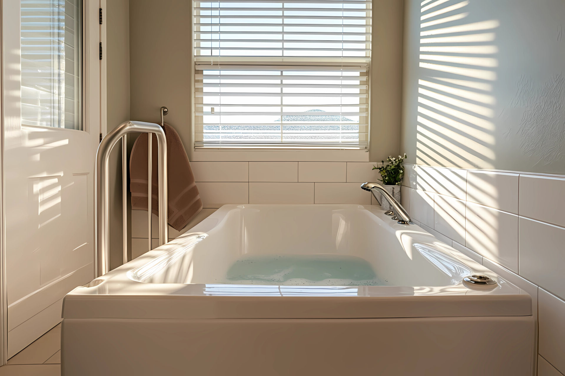 Modern walk-in bathtub with stylish handrails, elegantly transforming the bathroom into a luxurious spa retreat