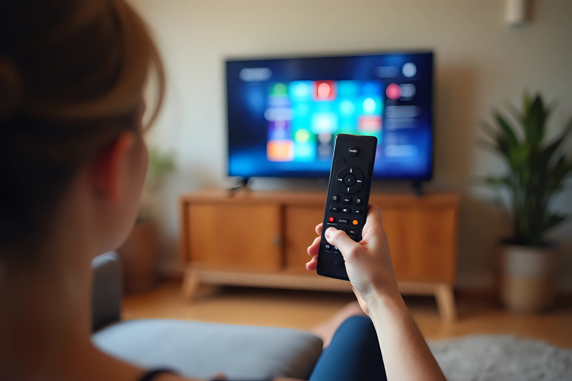 person turning tv on with a remote