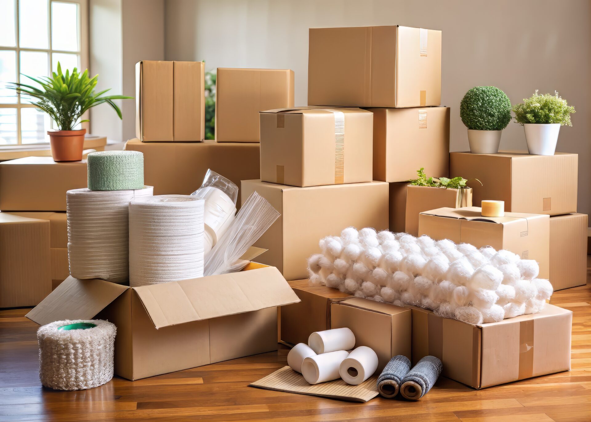 stack of boxes with other moving supplies