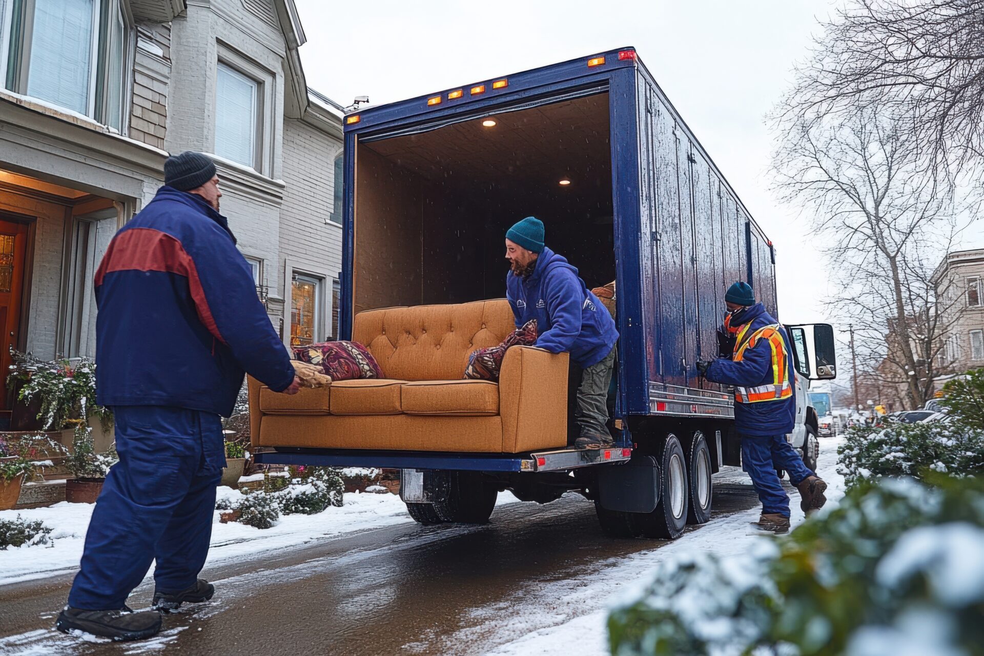 movers loading a couch into a moving truck