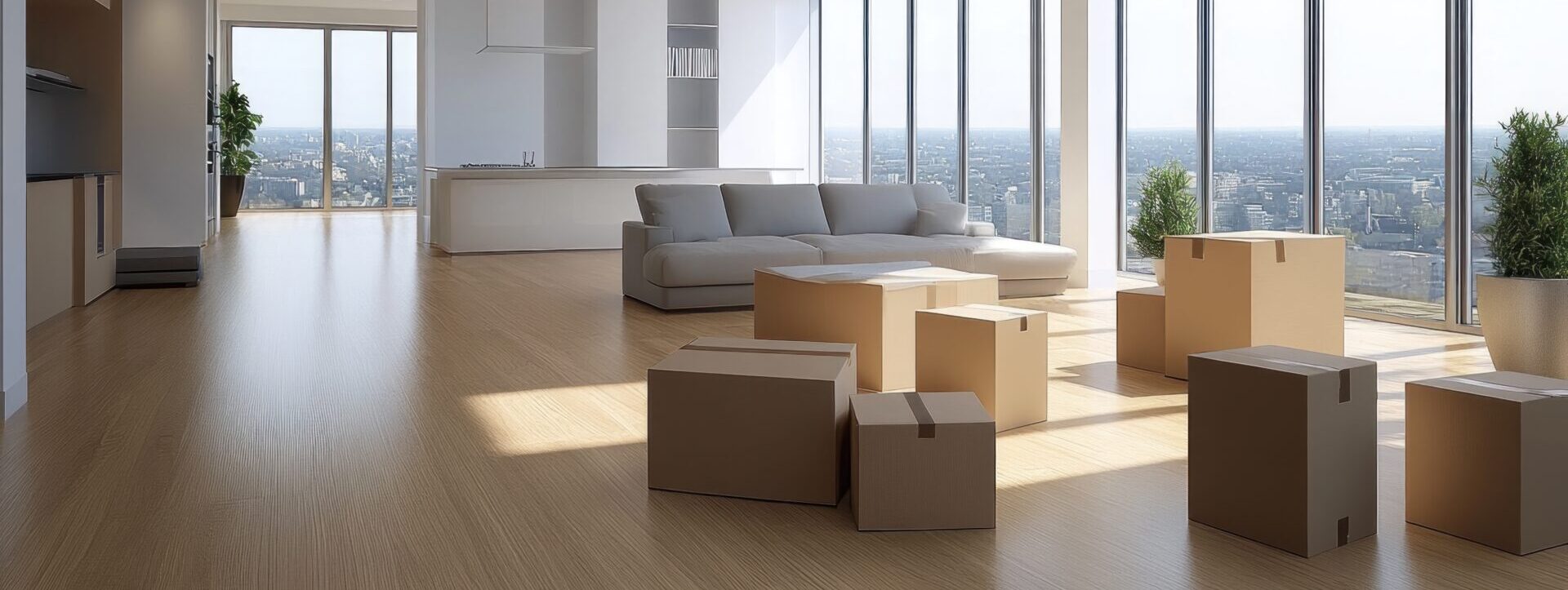 An apartment with a large living room and moving boxes