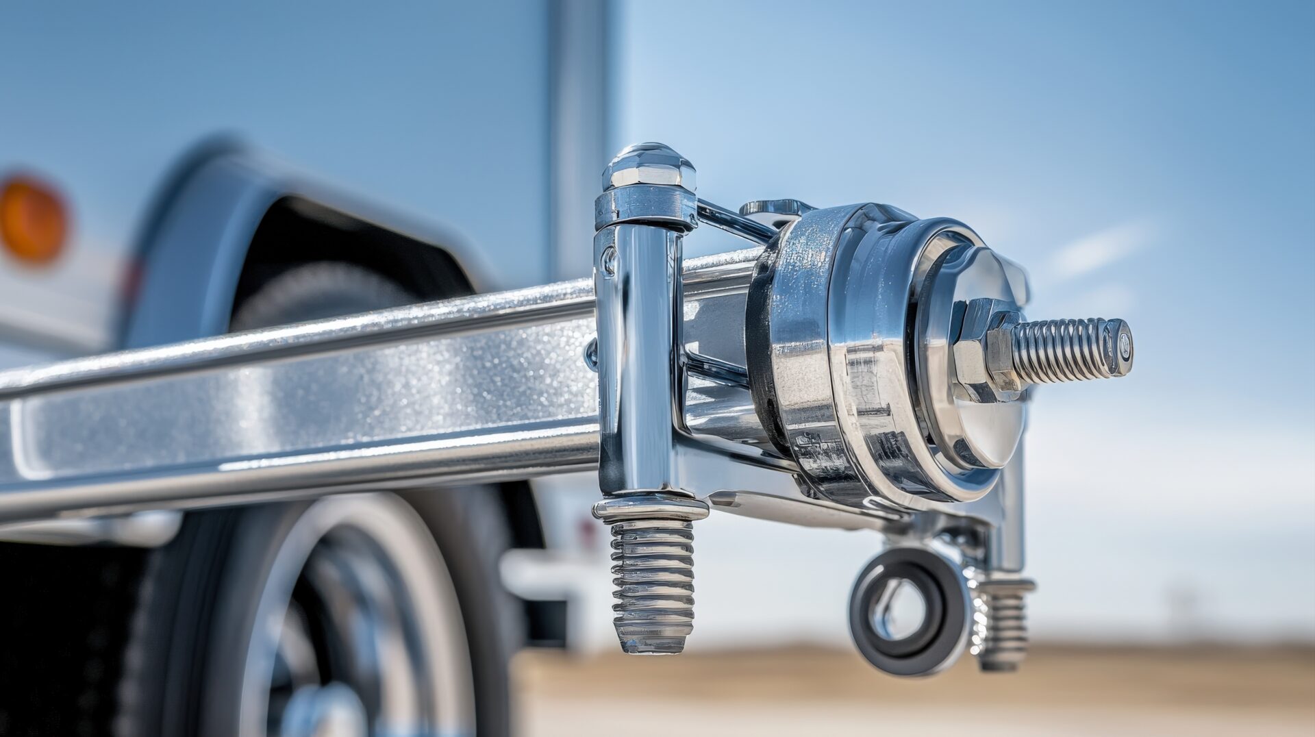 A close-up of a shiny trailer hitch against a blurred background.