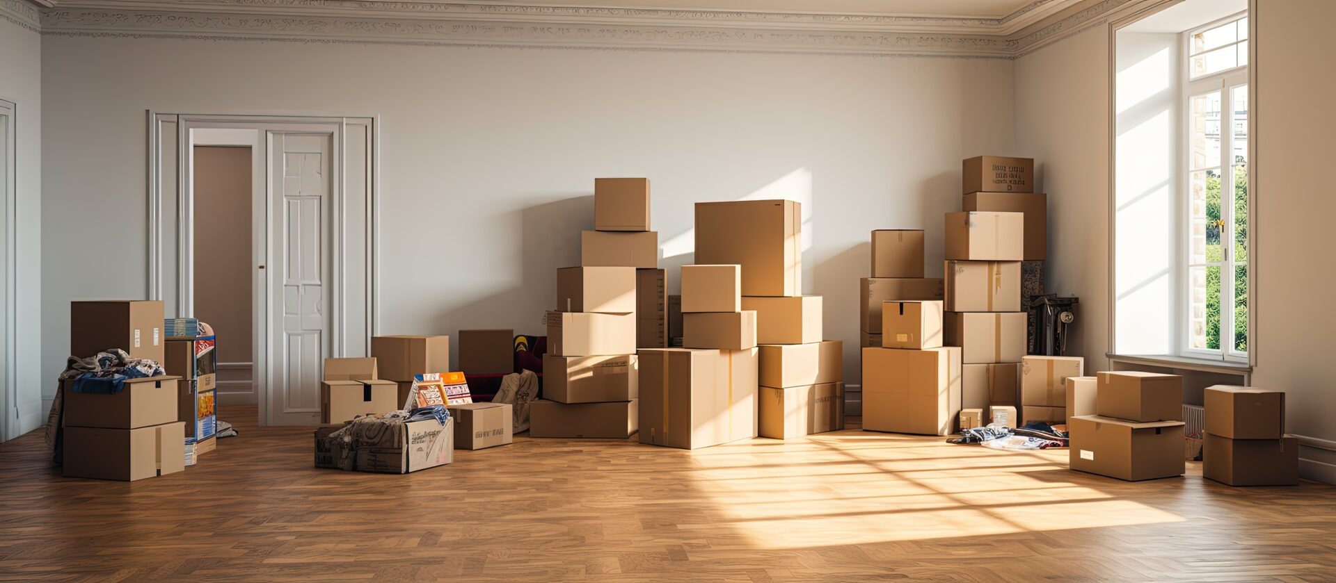 spacious living room with moving boxes