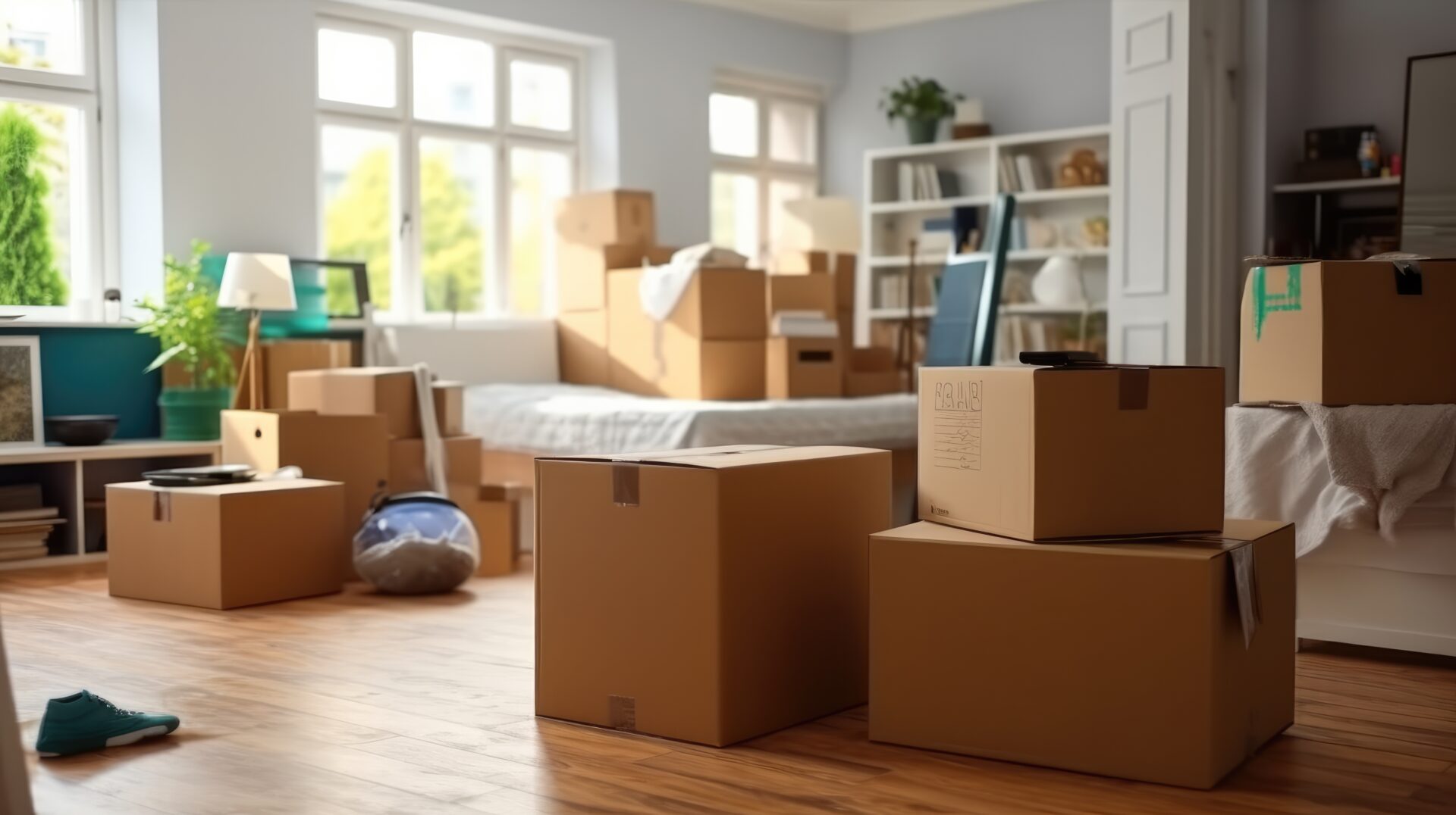 moving boxes inside bright living room