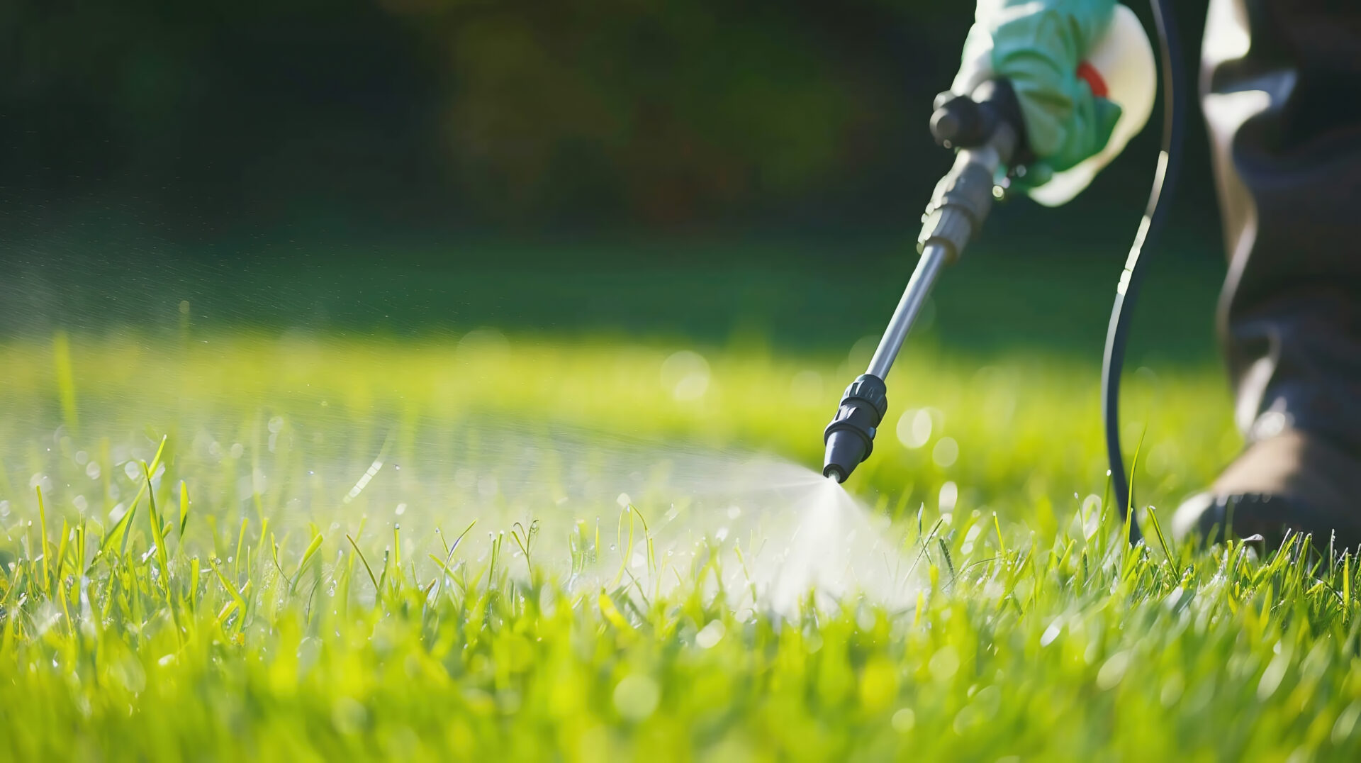 spraying pesticide with portable sprayer to eradicate garden pests