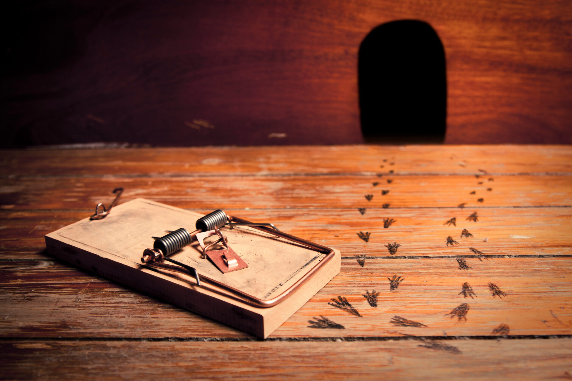 rat trail on the floor that leads to a mousetrap