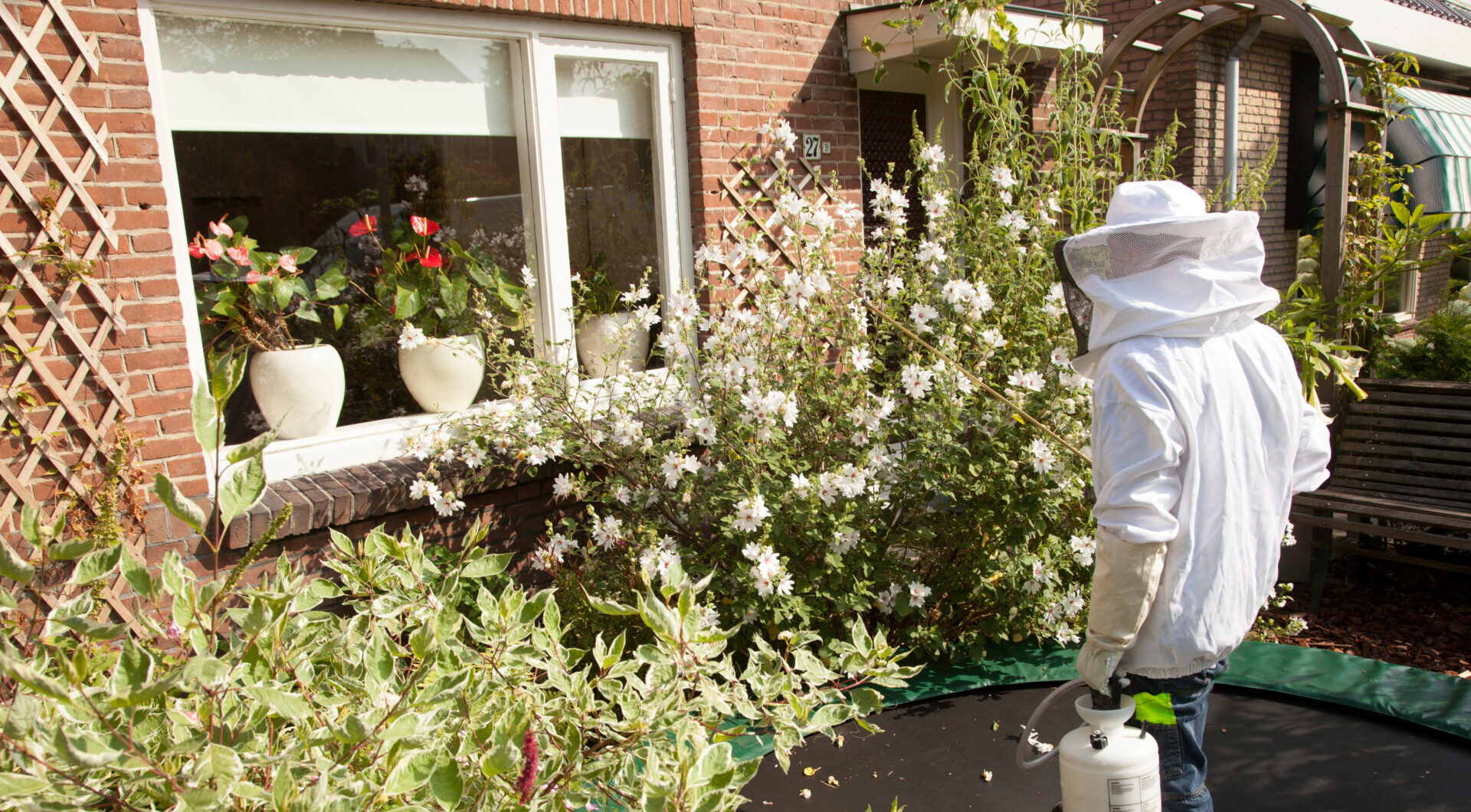 exterminator in protective clothing spraying outside of the house