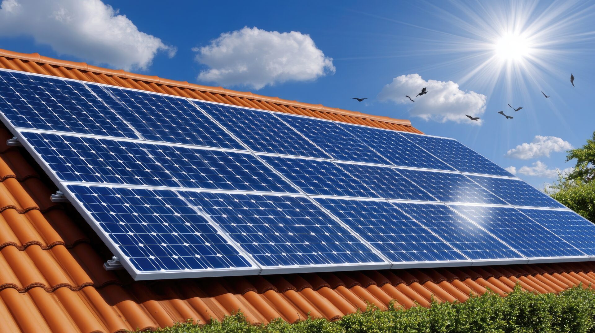 A contemporary home showcases solar panels on the roof, surrounded by greenery and a clear blue sky with birds soaring above on a sunny day