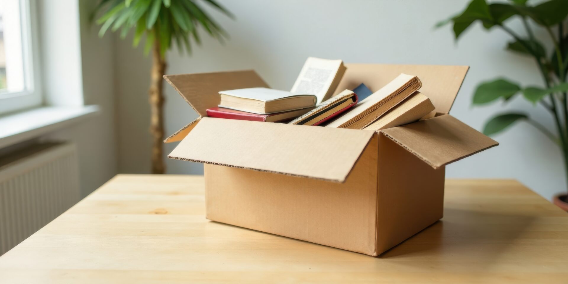 A cardboard box filled with various books sits on a light wooden table in a room with plants