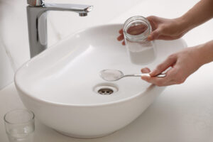 Woman using baking soda to unclog sink drain in bathroom, closeup.