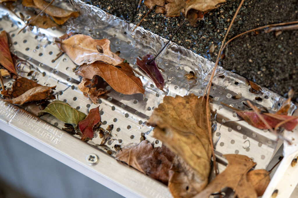Close-up of an A-M gutter guard filtering leaves from running water.