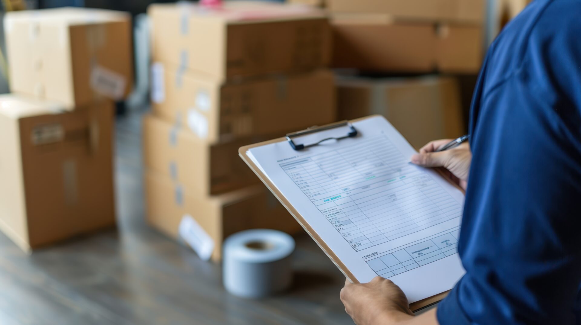 man holding a moving delivery checklist with moving boxes in the background