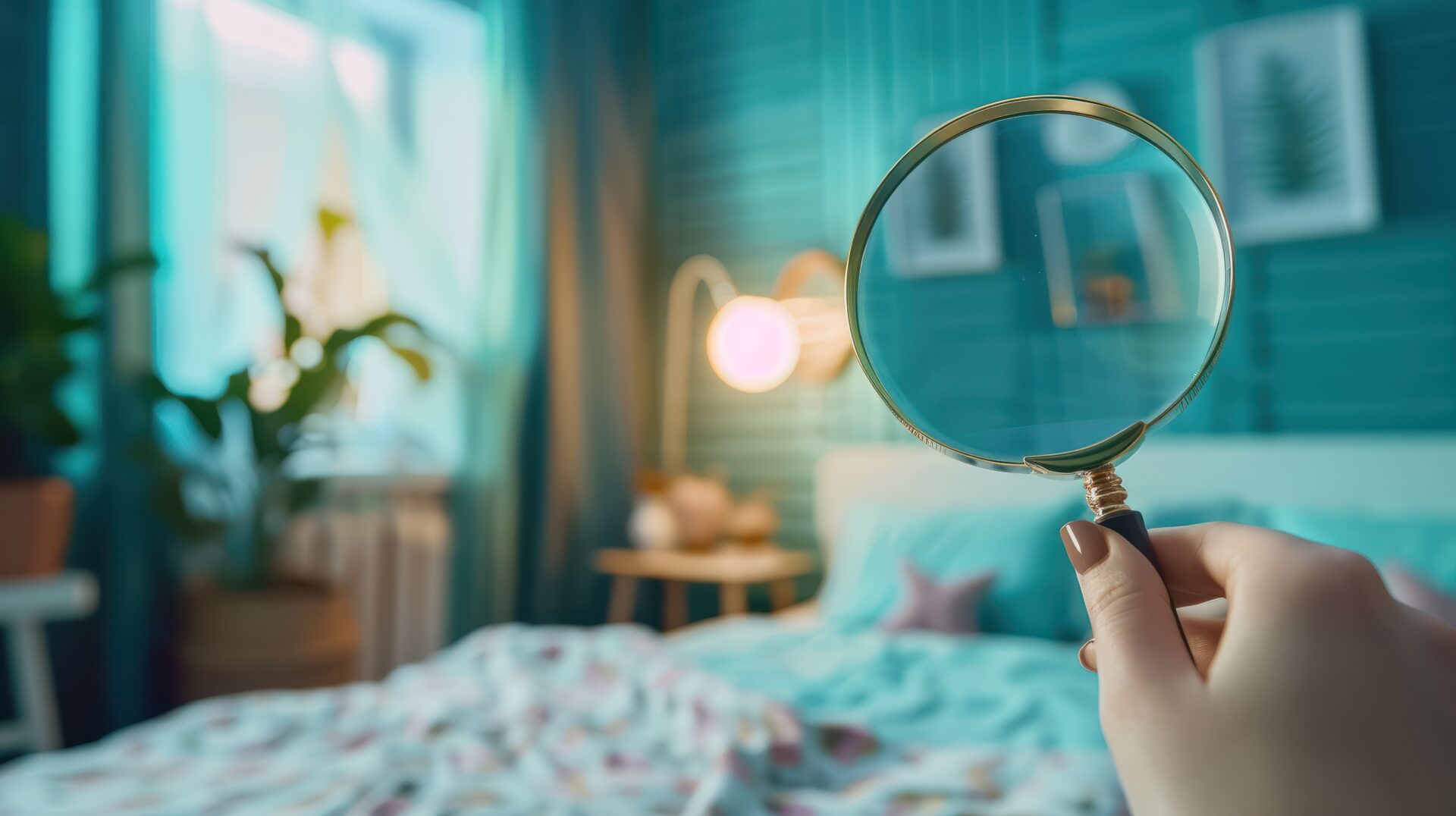 woman hand holding magnifying glass for checking bed mattress in a bedroom