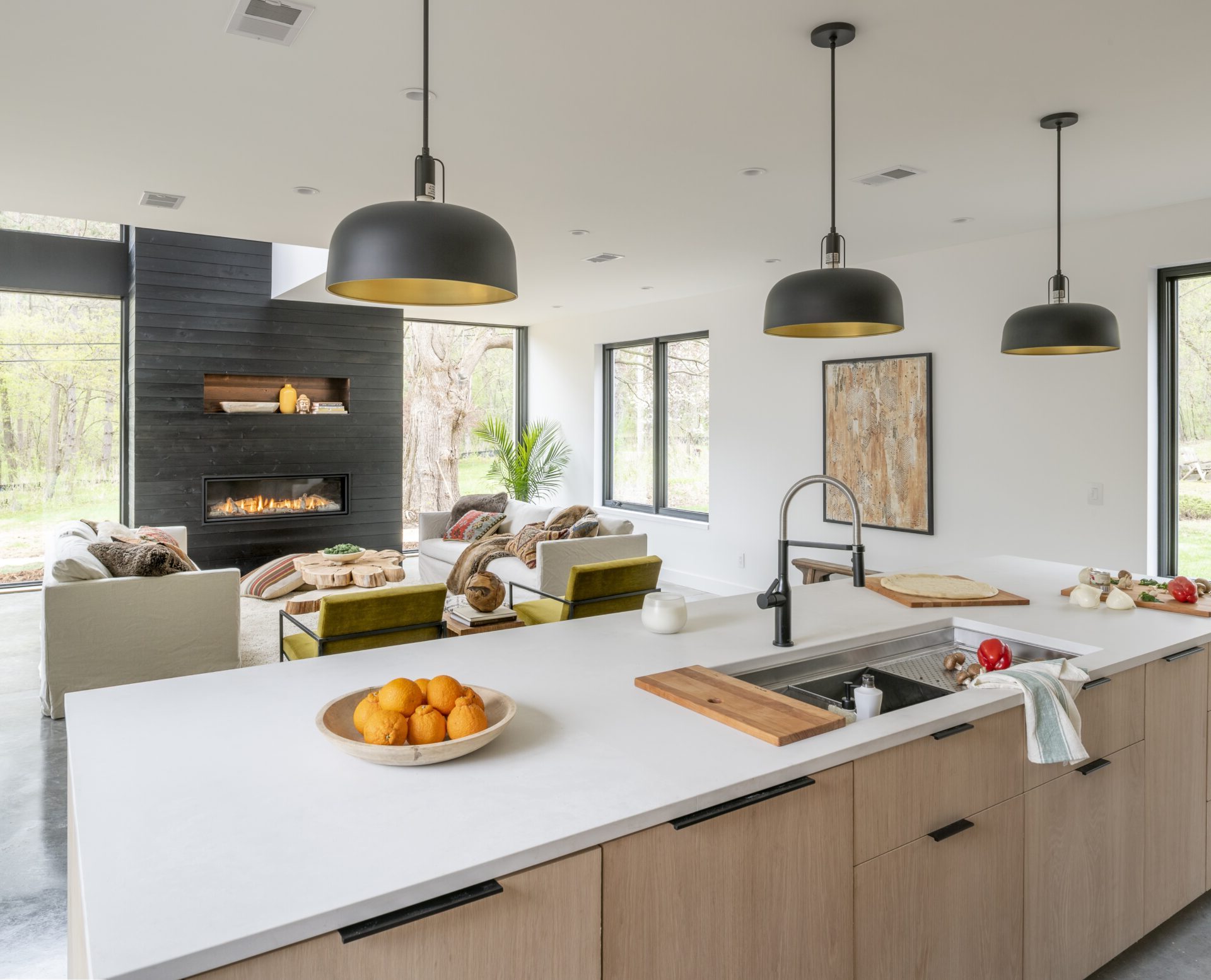 Renovated kitchen with new white marble countertop.