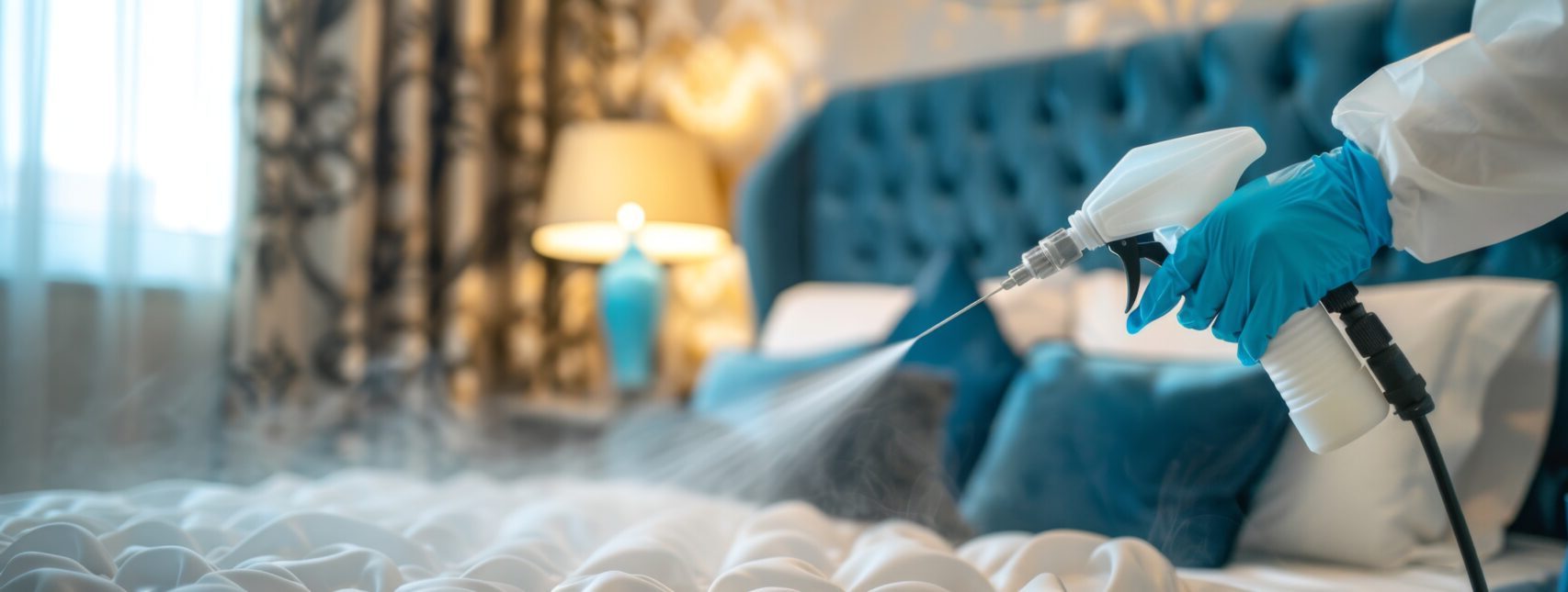 Disinfector in full gear spraying bed bug spray