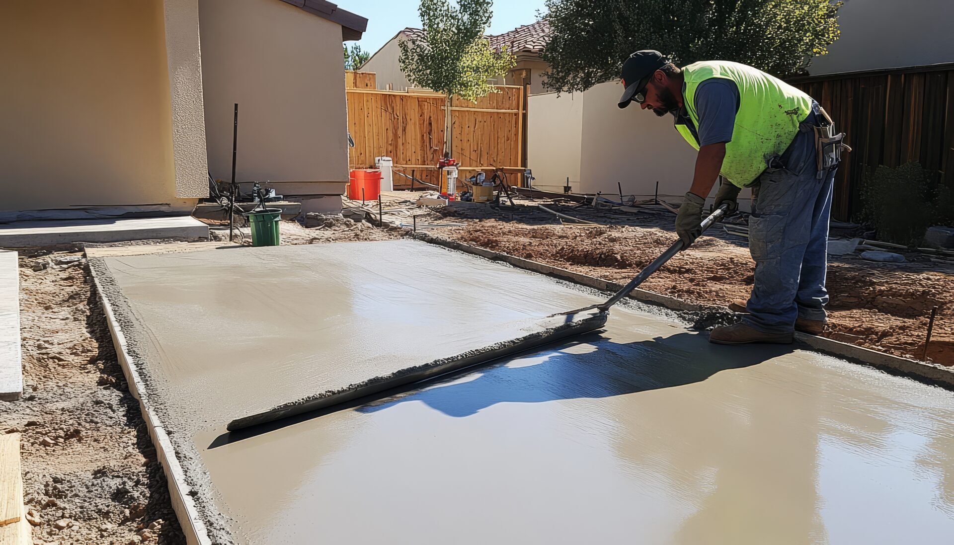 Construction worker leveling concrete surface in backyard, creating smooth patio foundation on sunny day.