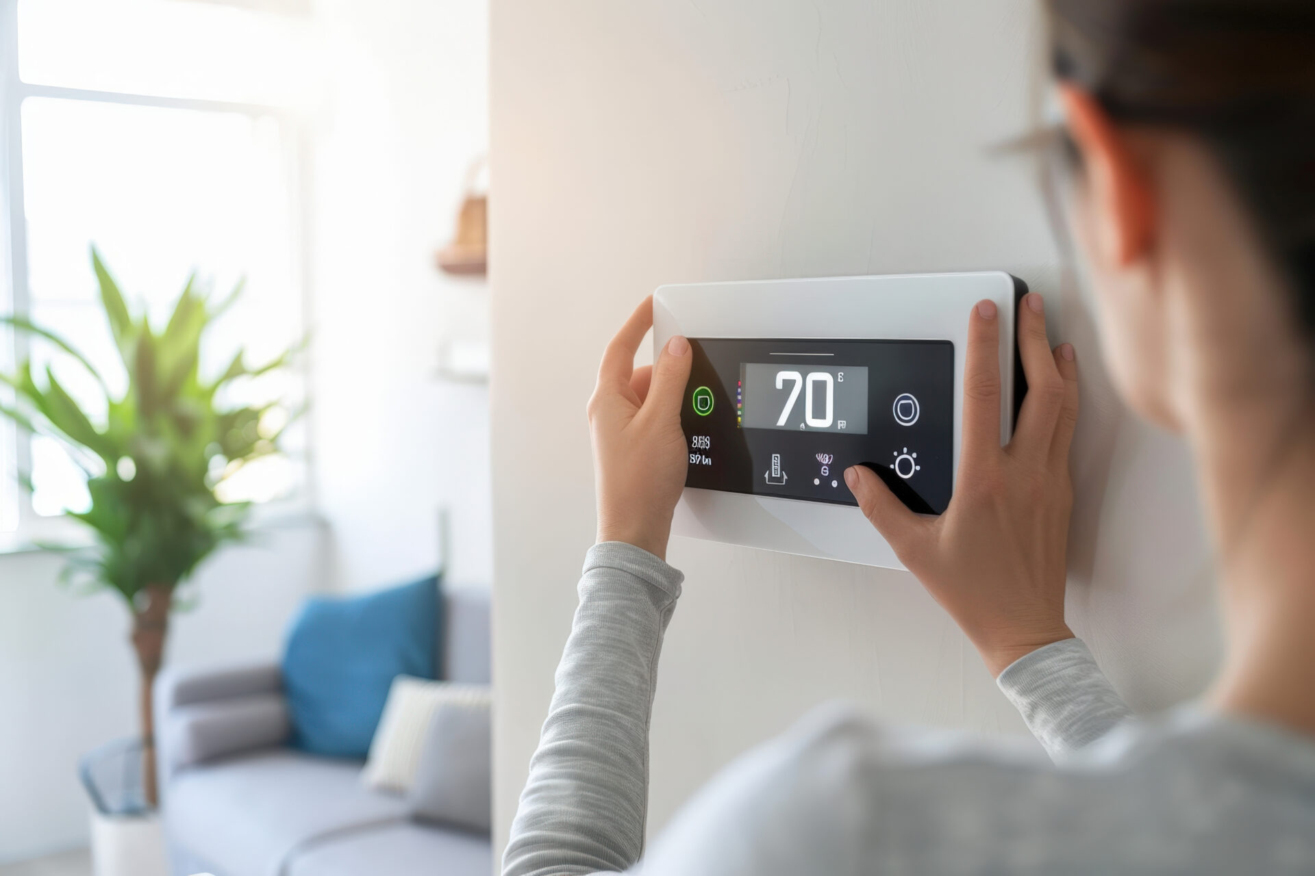 woman adjusting the thermostat in her home