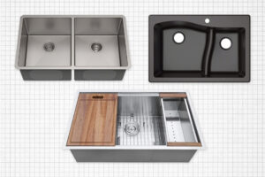Ruvati 32-Inch Workstation Stainless Steel Kitchen Sink, Kraus 33-Inch Double-Bowl Stainless Steel Kitchen Sink, and Kraus Quarza Kitchen Sink isolated on an off-white grid paper background