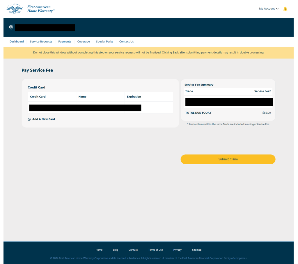 A screenshot of the First American Home Warranty online portal.