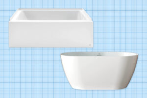 Two white bathtubs on a light blue grid background. The top left shows a rectangular inset tub with straight edges, while the bottom right features a freestanding oval tub with smooth curves.