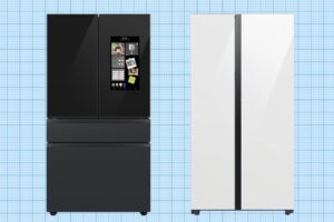 Refrigerators isolated on a blue grid background.