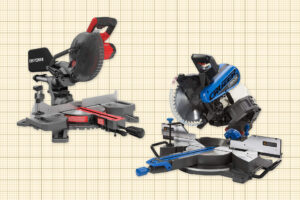Two miter saws displayed on a grid-patterned background. The left saw is red and black with a slide mechanism, while the right saw is blue and black with a large blade and laser guide. Both are positioned diagonally facing the viewer.